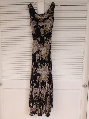 Vtg Y2K Majick Floral Slvls  Embellished Lined Maxi Dress   Sz P.  Blk Multi
